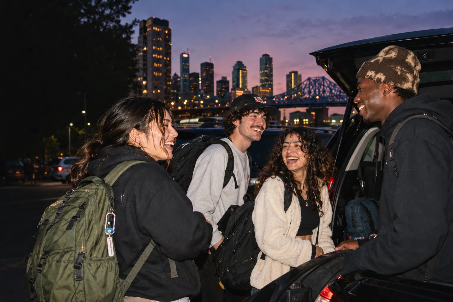 Illustrative scene of people meeting beside a car
